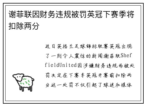 谢菲联因财务违规被罚英冠下赛季将扣除两分 谢菲联因财务违规被罚英冠下赛季将扣除两分